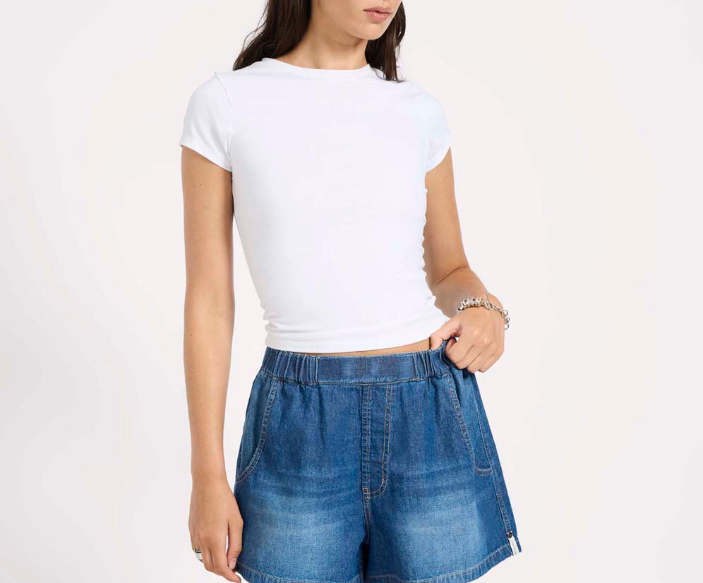 Funks High Waist Elasticated Flippy Denim Shorts - Blue Pasadena