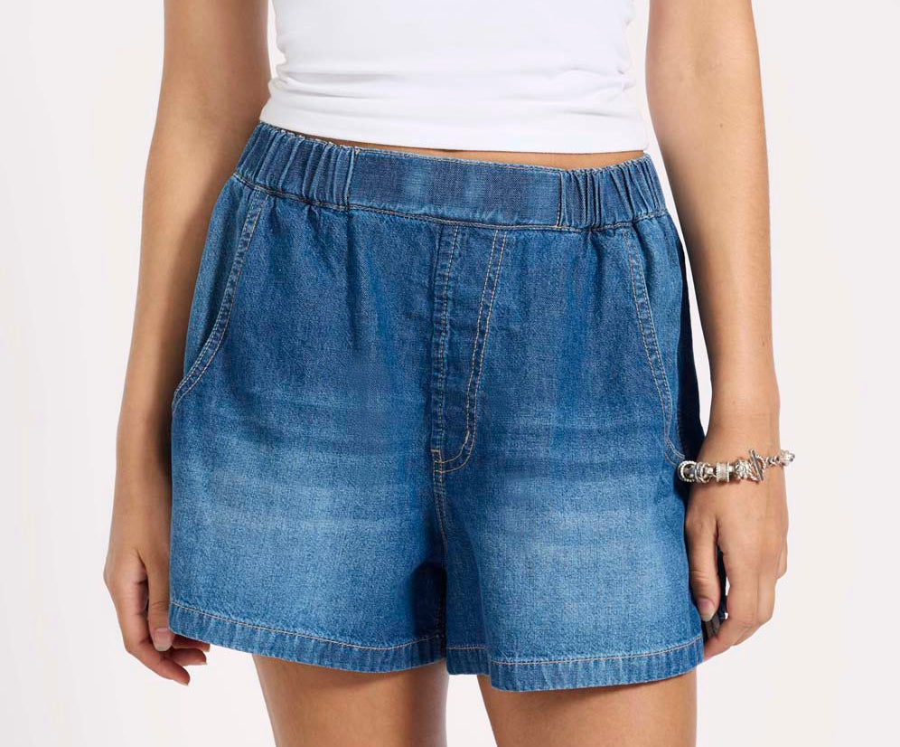 Funks High Waist Elasticated Flippy Denim Shorts - Blue Pasadena