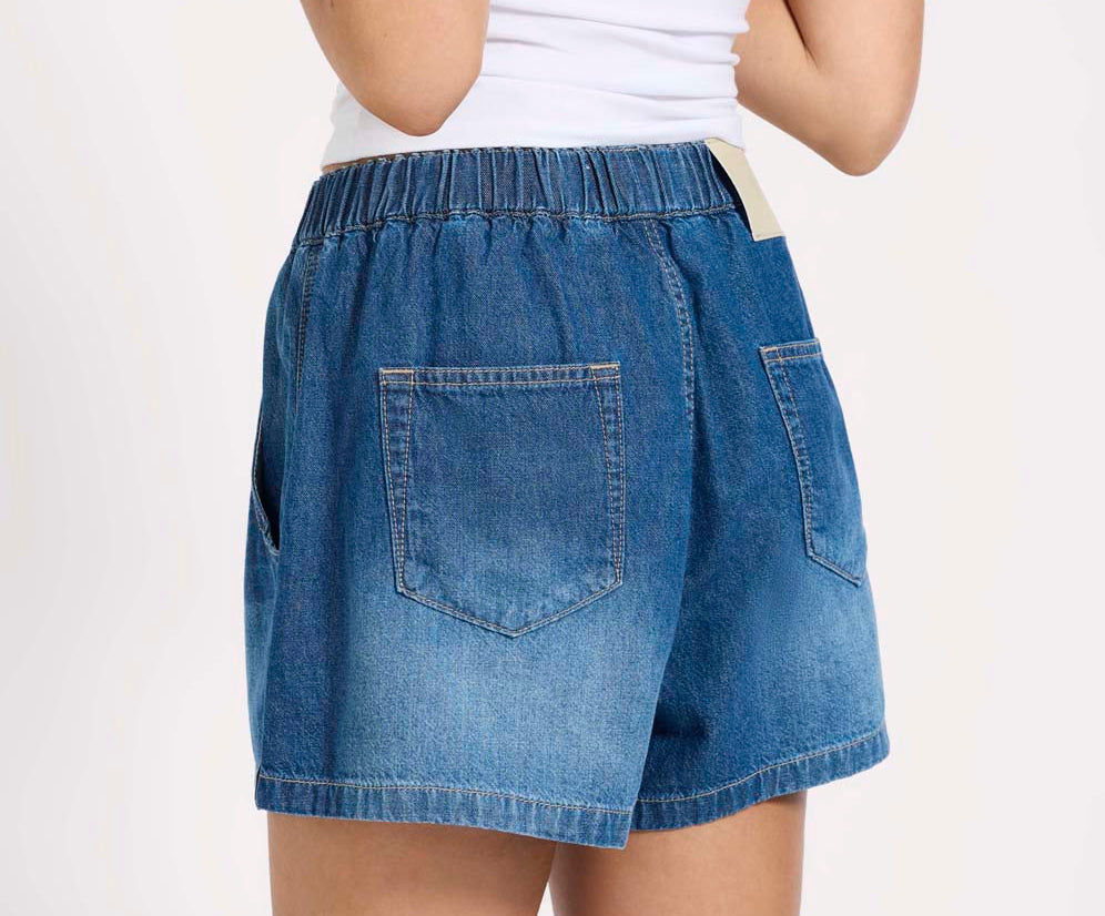 Funks High Waist Elasticated Flippy Denim Shorts - Blue Pasadena