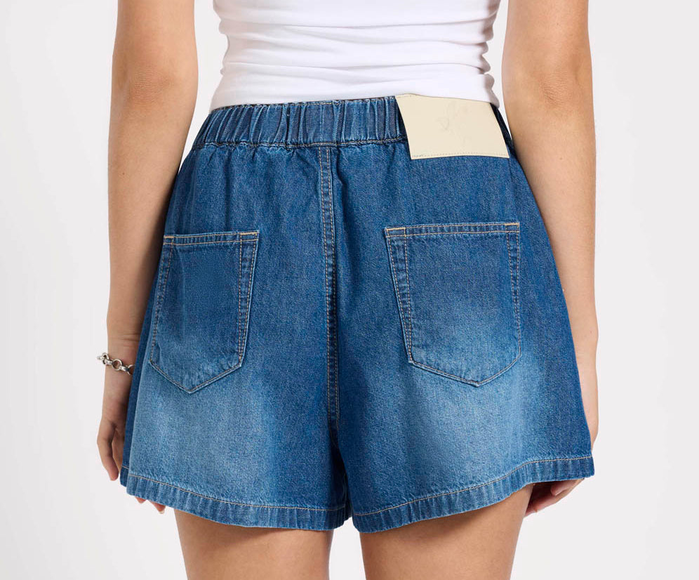 Funks High Waist Elasticated Flippy Denim Shorts - Blue Pasadena