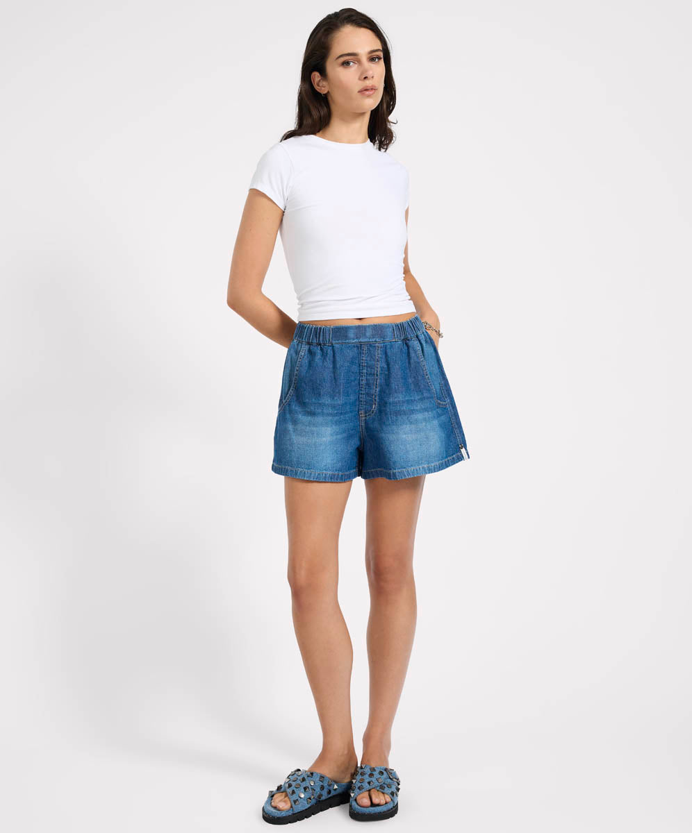 Funks High Waist Elasticated Flippy Denim Shorts - Blue