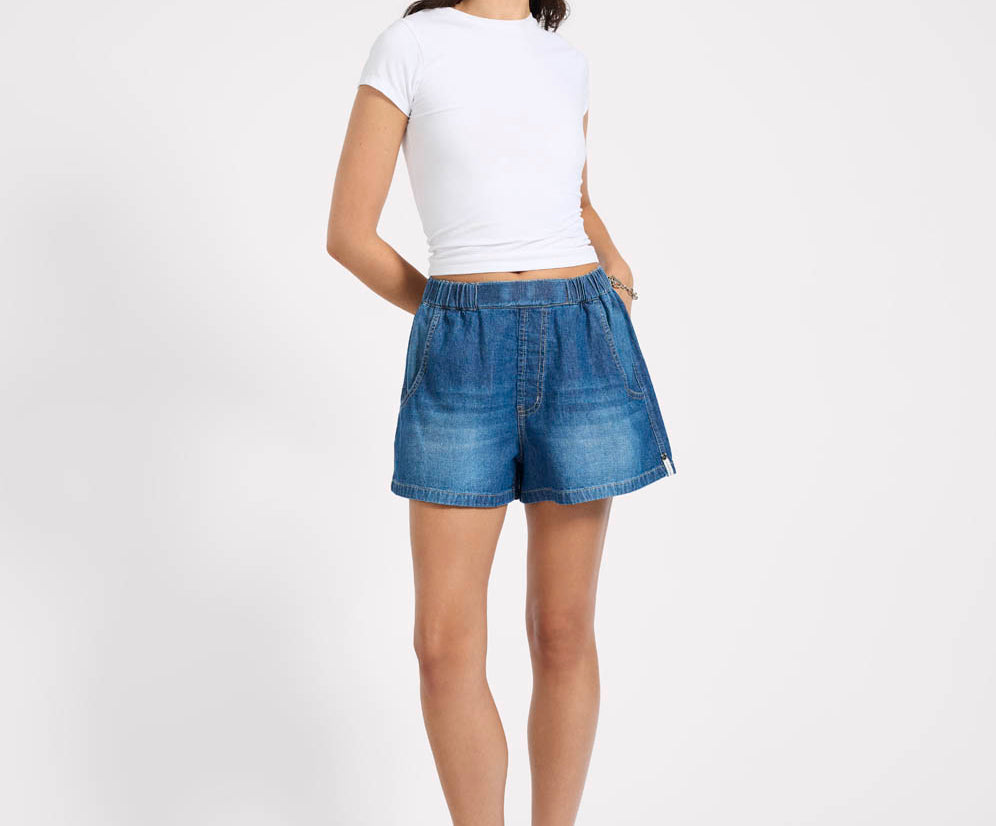 Funks High Waist Elasticated Flippy Denim Shorts - Blue Pasadena