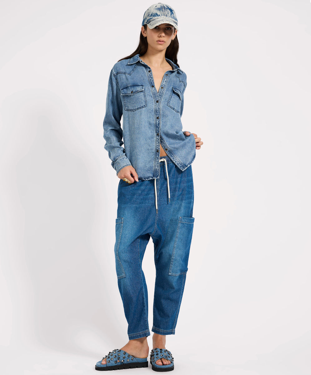 Women's Relaxed Fit Jeans Isla Low Waist Drawstring Harem Denim Jeans - Blue Pasadena