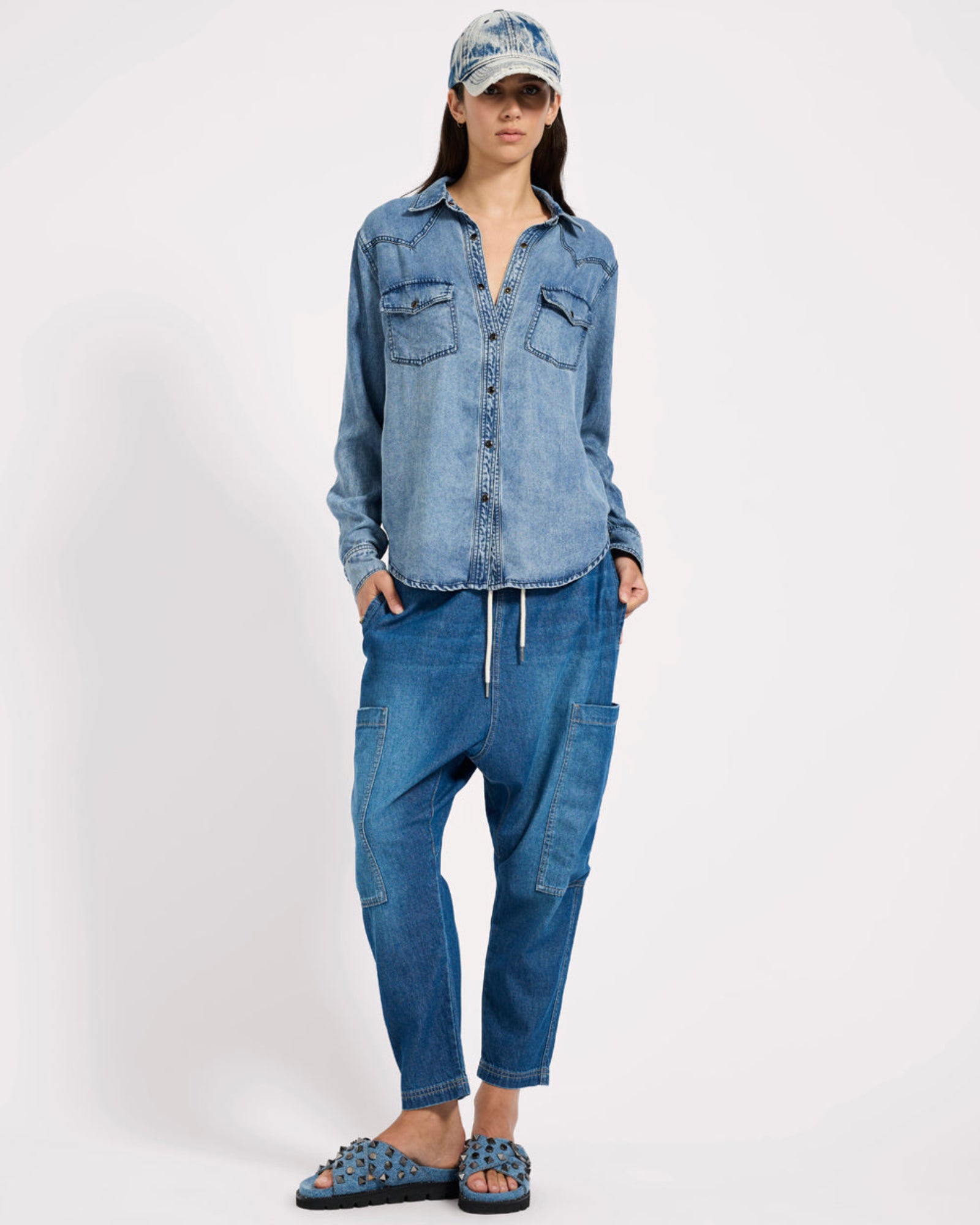 Isla Low Waist Drawstring Harem Denim Jeans - Blue Pasadena | One