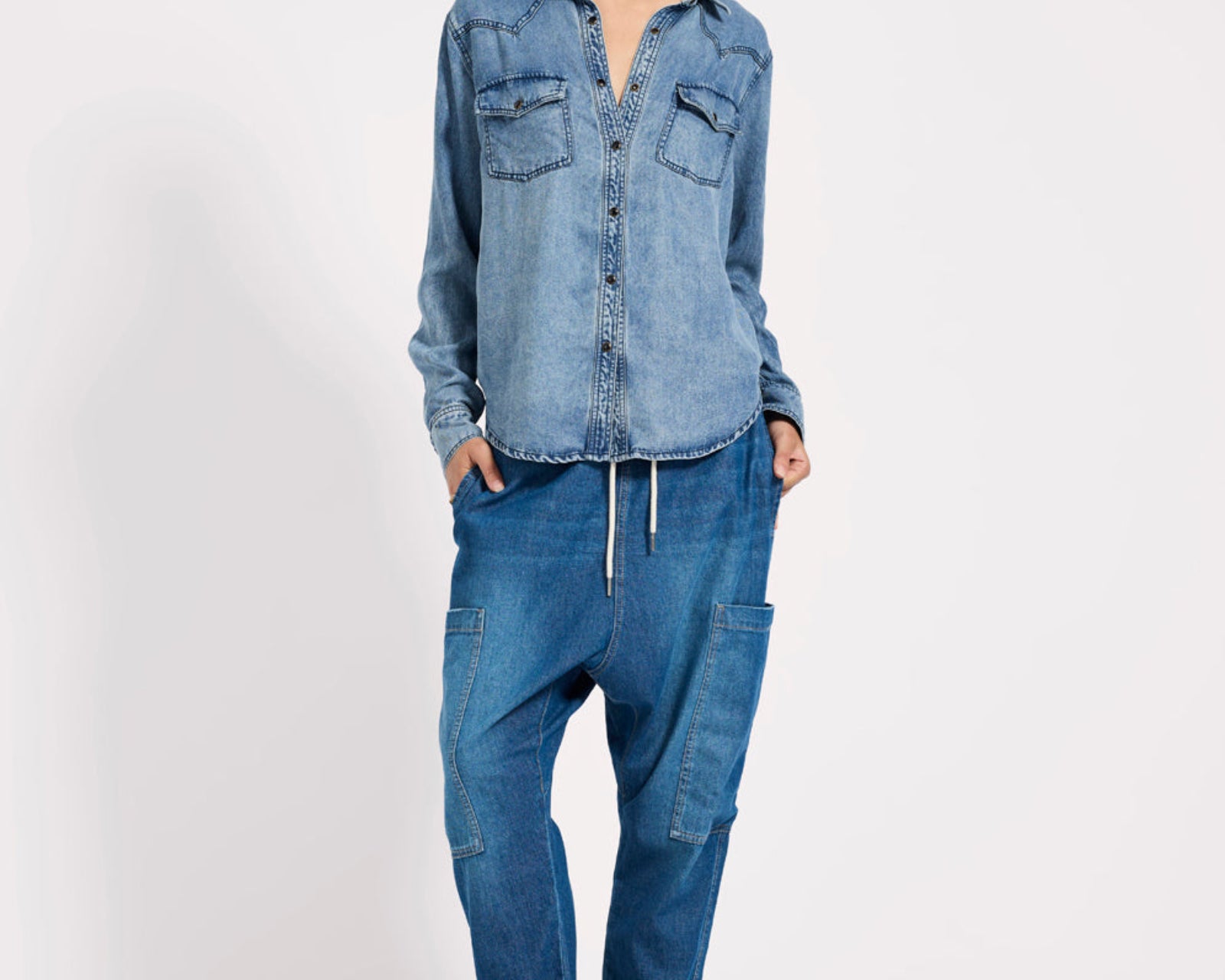 Isla Low Waist Drawstring Harem Denim Jeans - Blue Pasadena