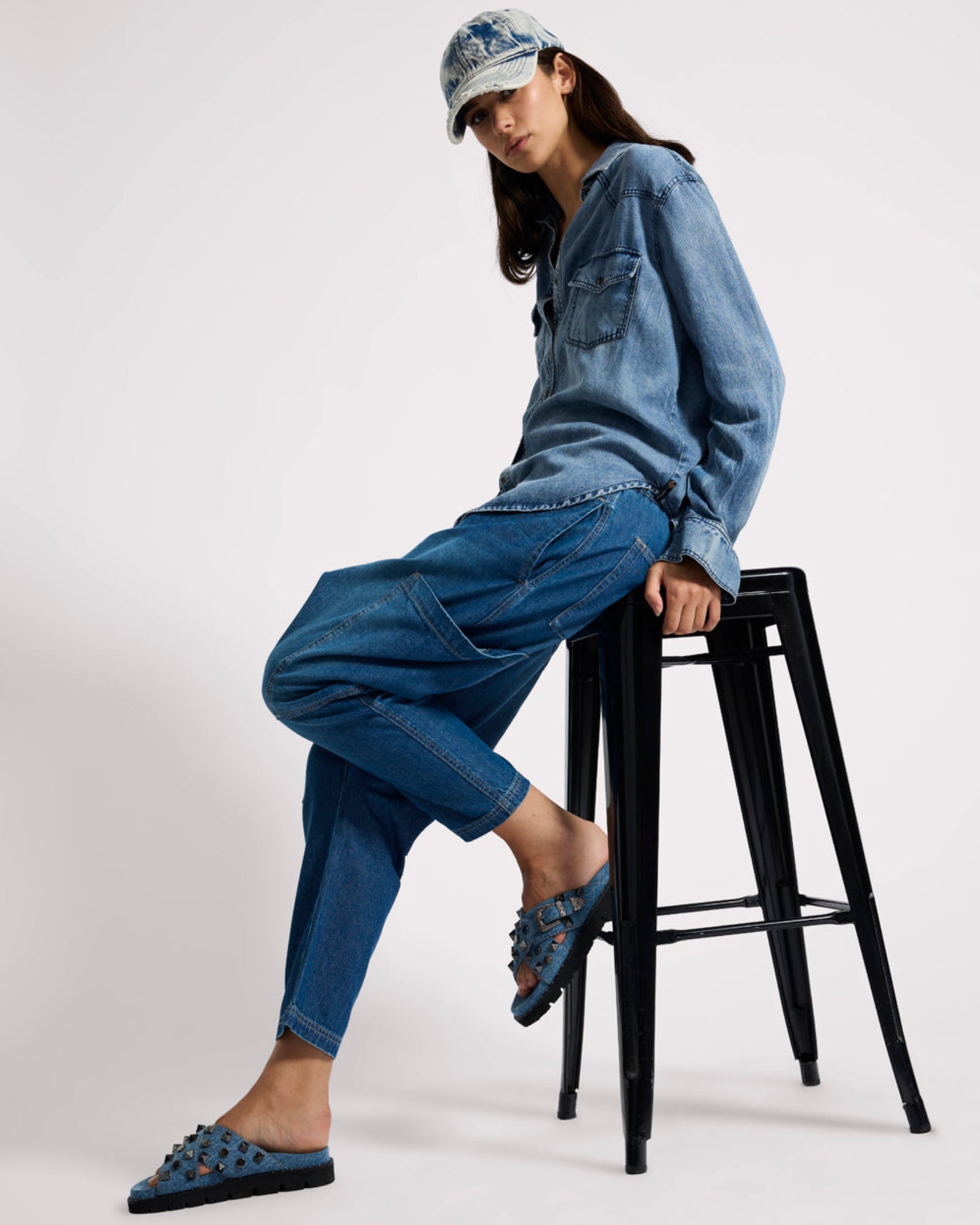 Isla Low Waist Drawstring Harem Denim Jeans - Blue Pasadena | One