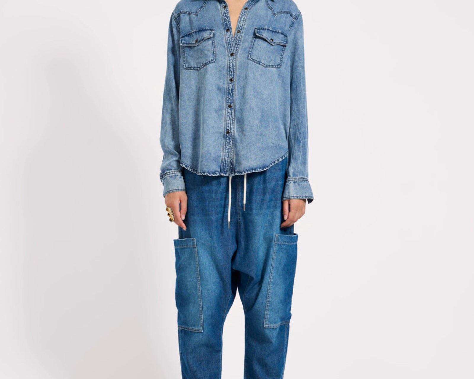 Isla Low Waist Drawstring Harem Denim Jeans - Blue Pasadena