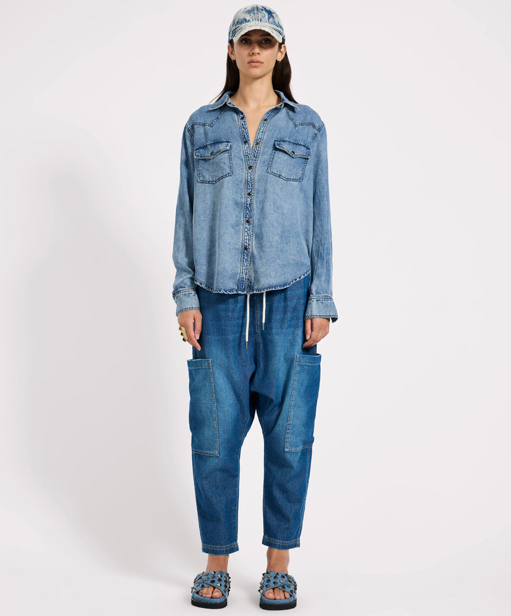 Women's Relaxed Fit Jeans Isla Low Waist Drawstring Harem Denim Jeans - Blue Pasadena