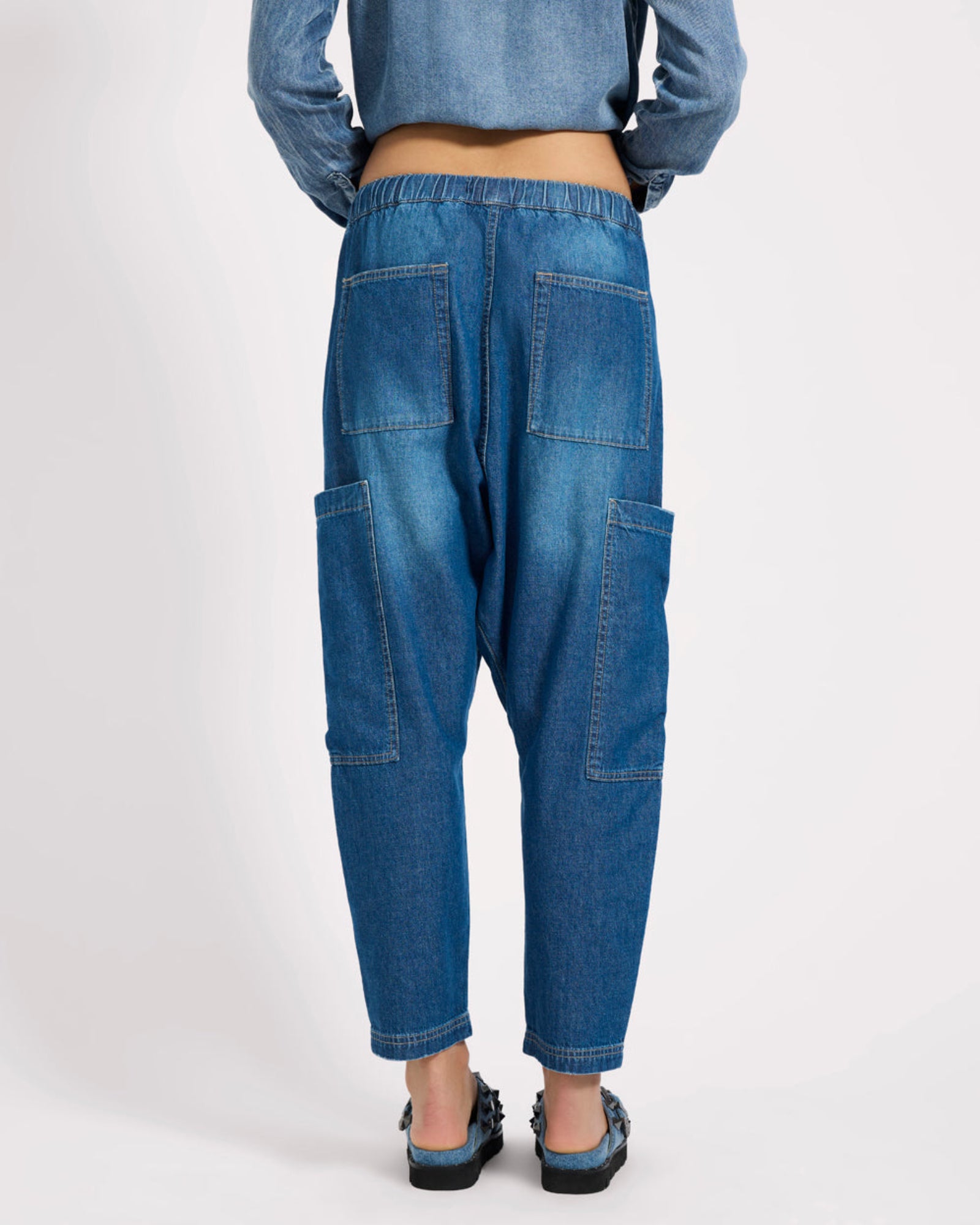 Isla Low Waist Drawstring Harem Denim Jeans - Blue Pasadena | One