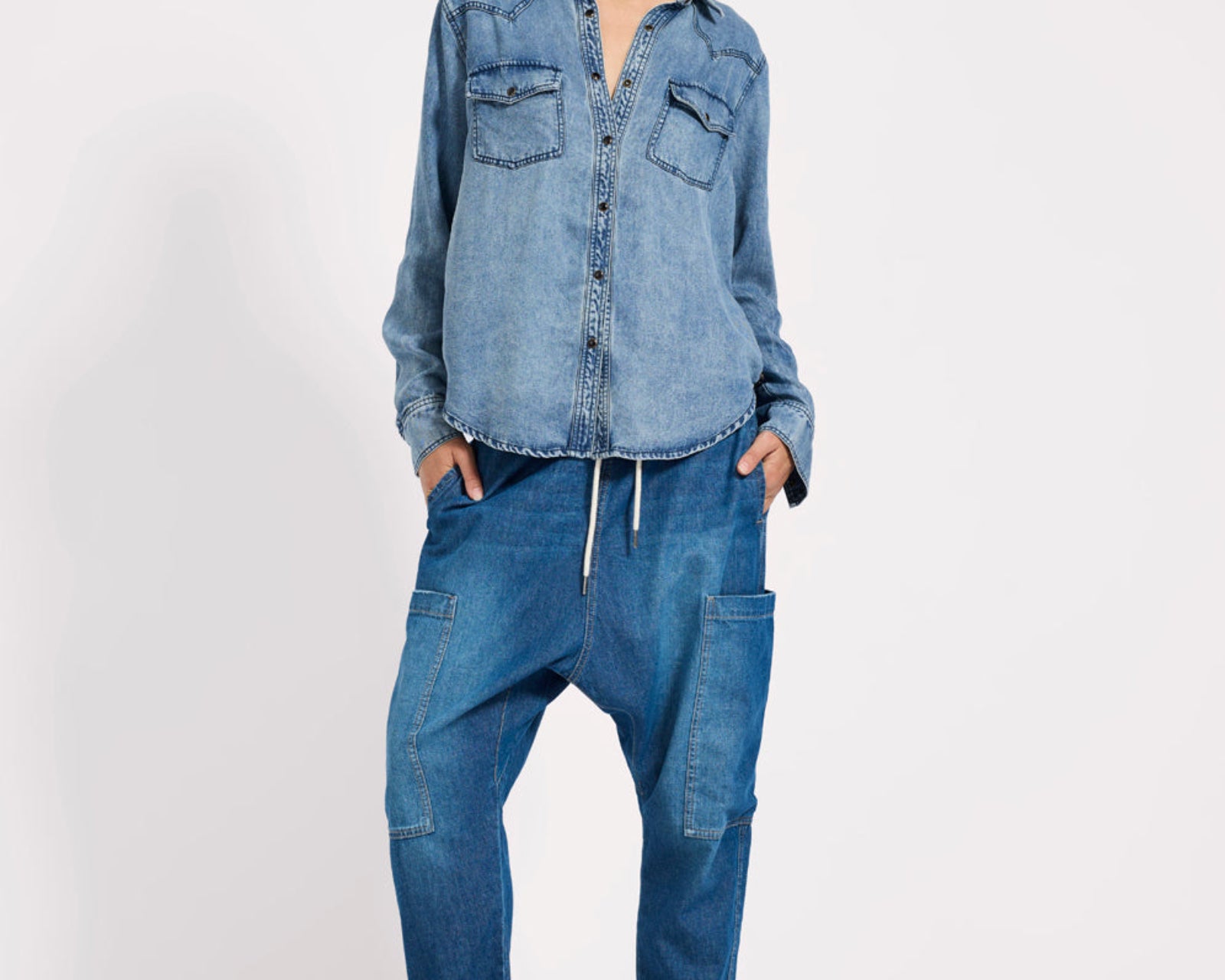 Isla Low Waist Drawstring Harem Denim Jeans - Blue Pasadena