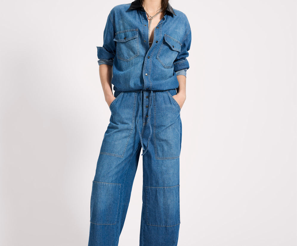 Izzy Drawstring Boiler Denim Jumpsuit - Blue Pasadena