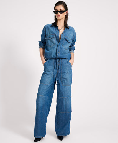 Izzy Drawstring Boiler Denim Jumpsuit - Blue Pasadena