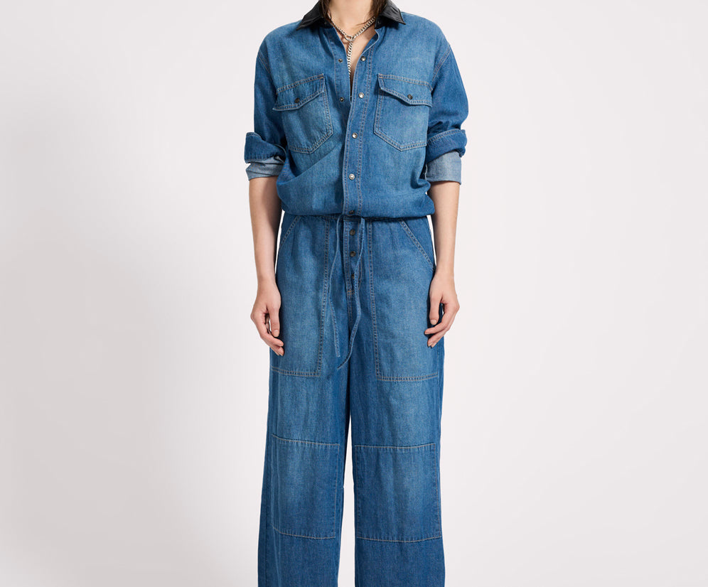 Izzy Drawstring Boiler Denim Jumpsuit - Blue Pasadena