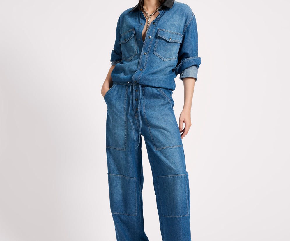 Izzy Drawstring Boiler Denim Jumpsuit - Blue Pasadena
