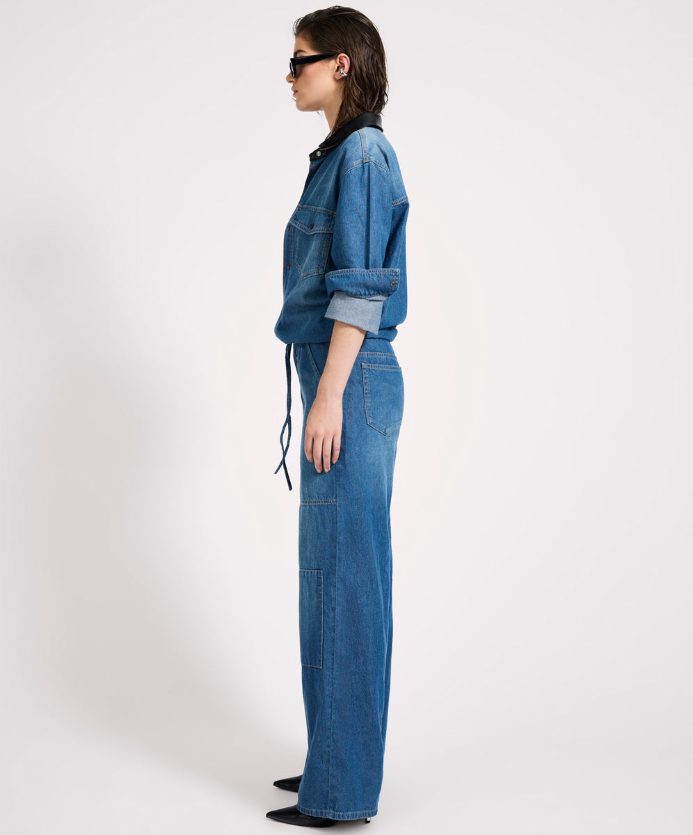 Izzy Drawstring Boiler Denim Jumpsuit - Blue Pasadena | One