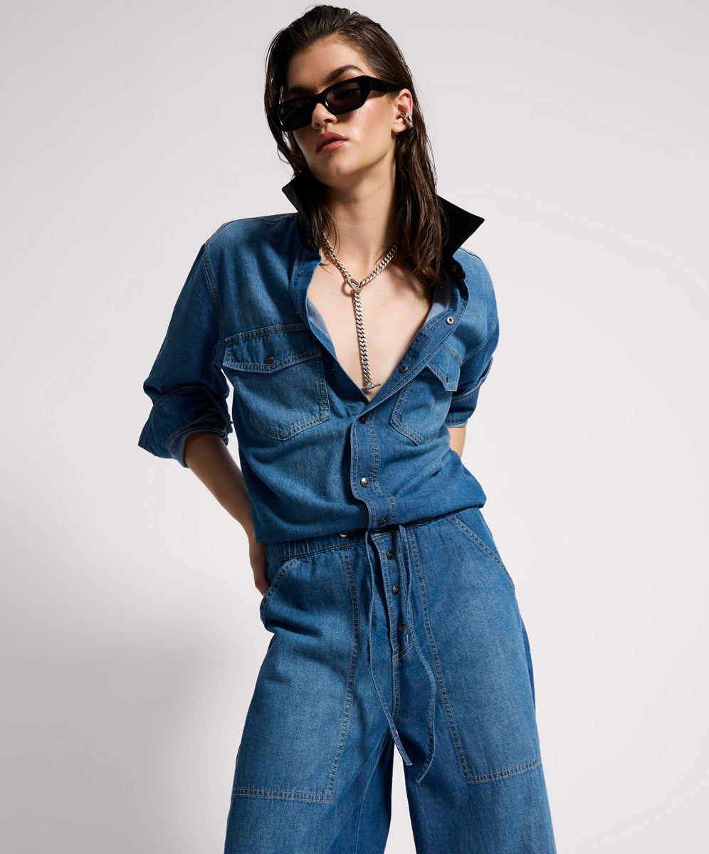 Izzy Drawstring Boiler Denim Jumpsuit - Blue Pasadena | One