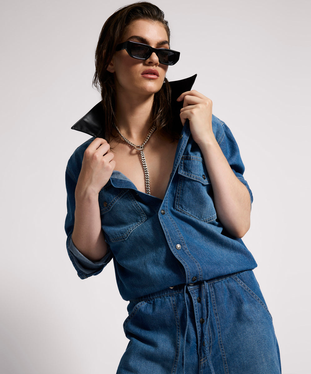 Izzy Drawstring Boiler Denim Jumpsuit - Blue Pasadena | One