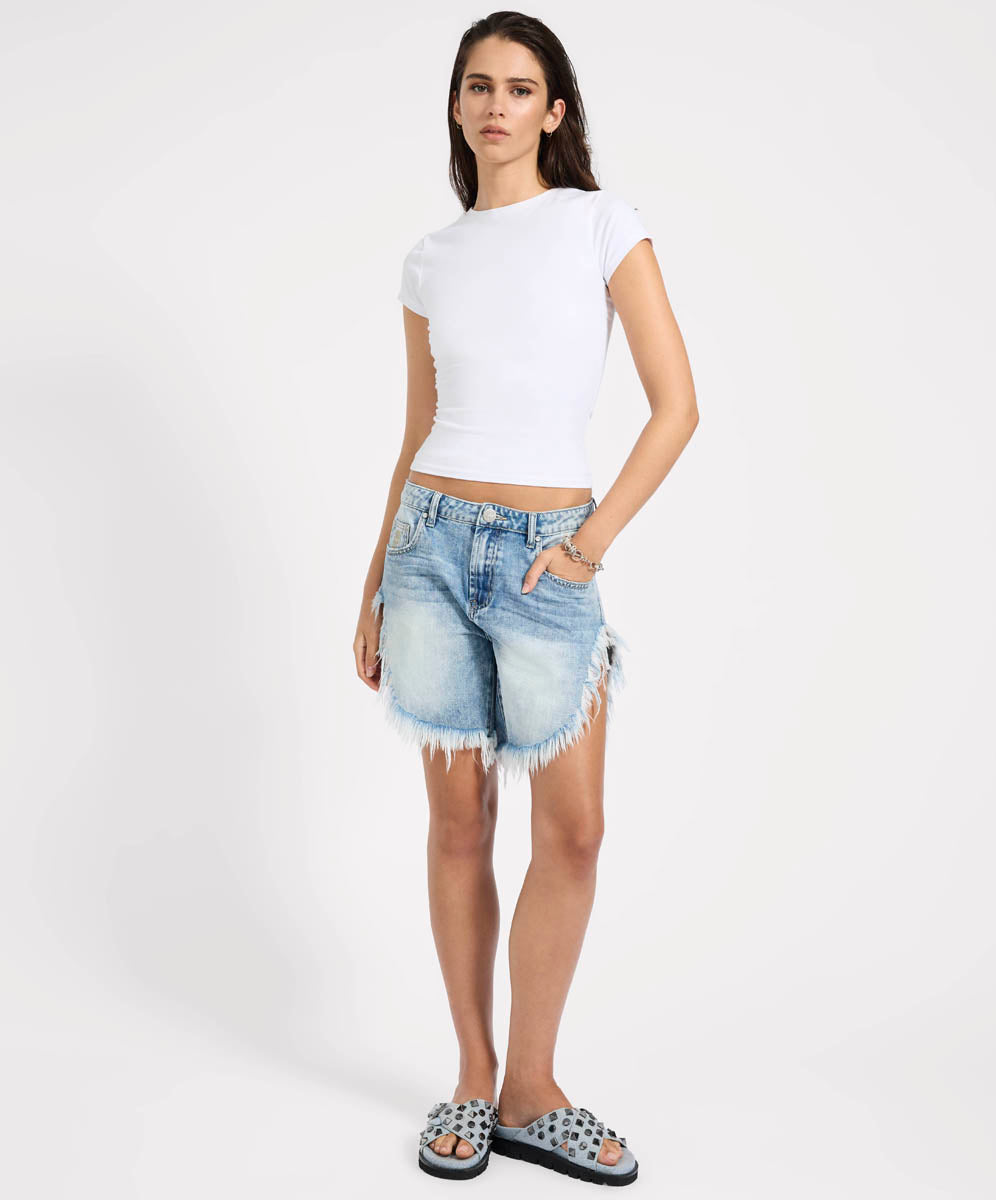 Low Waist Denim Shorts Frankies Low Waist Long Length Denim Shorts - Sunset Blue