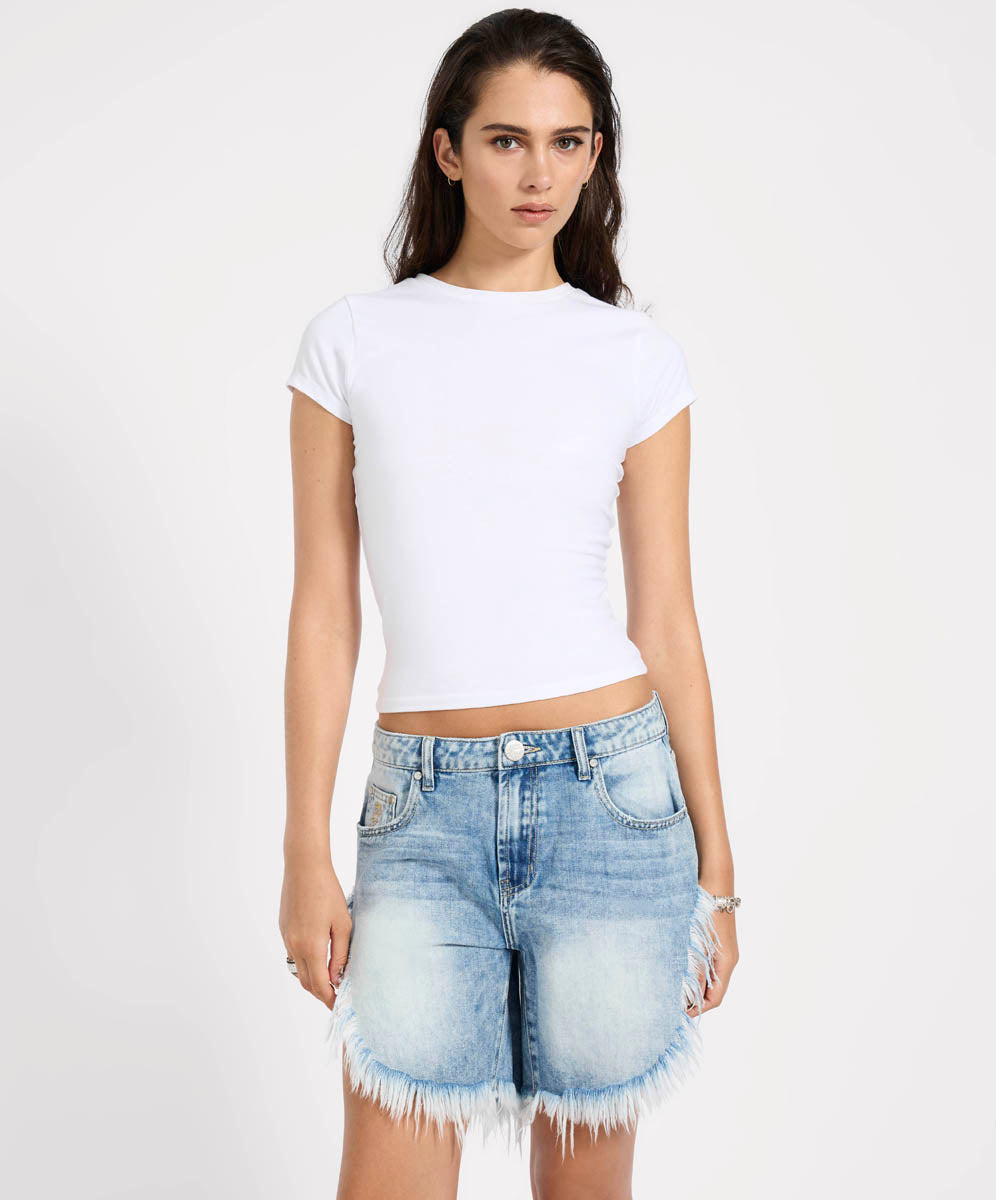 Low Waist Denim Shorts Frankies Low Waist Long Length Denim Shorts - Sunset Blue