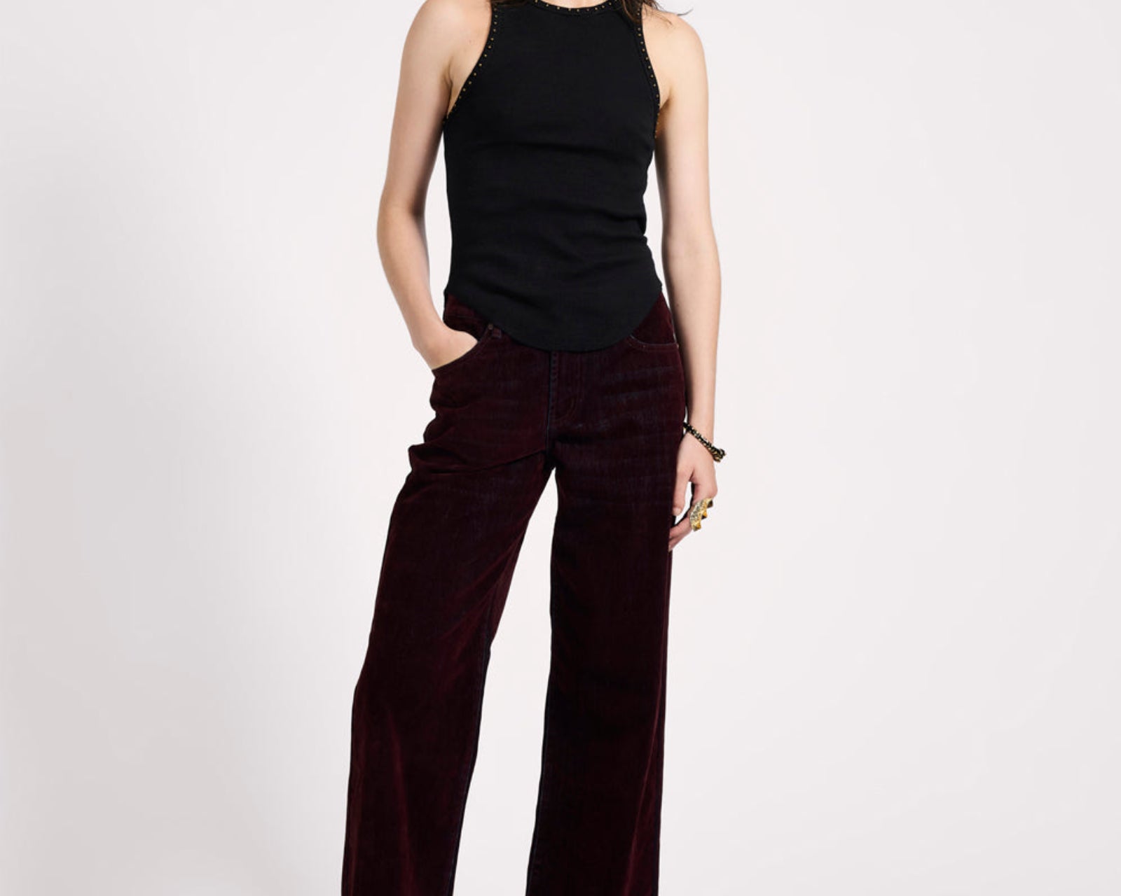 Jackson Mid Waist Wide Leg Velvet Finish Denim Jeans - Flocked Maroon