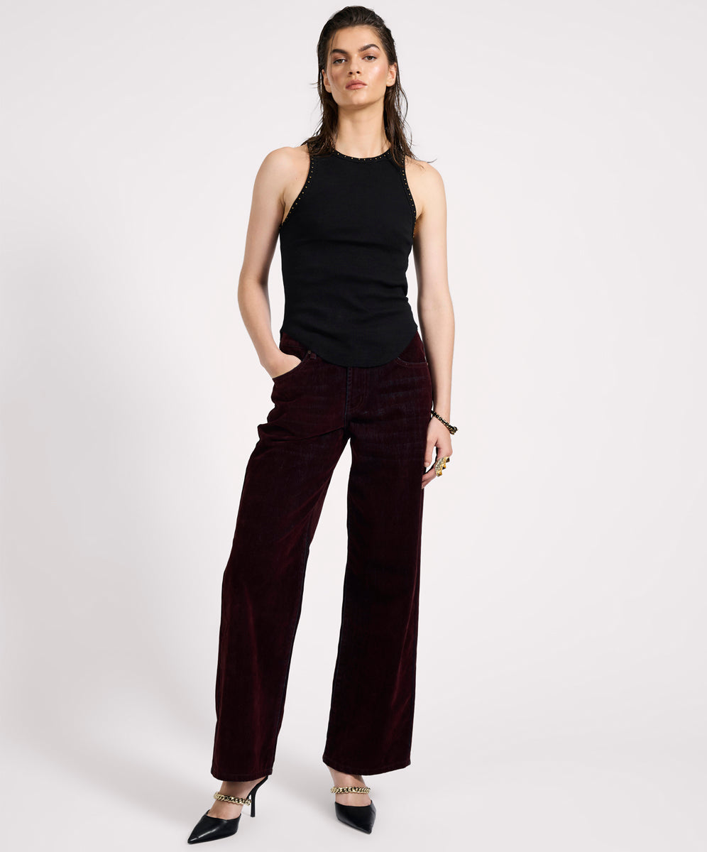 Women's Denim Jeans Jackson Mid Waist Wide Leg Velvet Finish Denim Jeans - Flocked Maroon