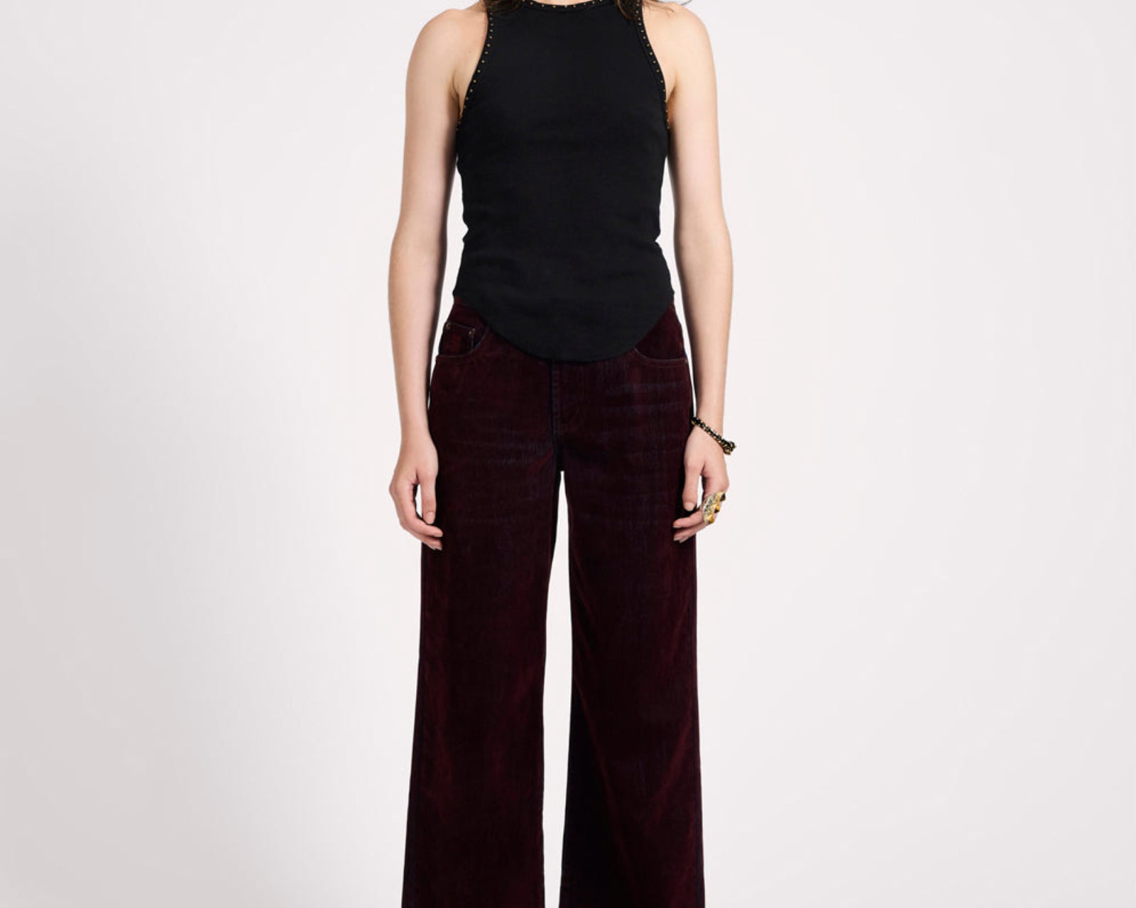Jackson Mid Waist Wide Leg Velvet Finish Denim Jeans - Flocked Maroon