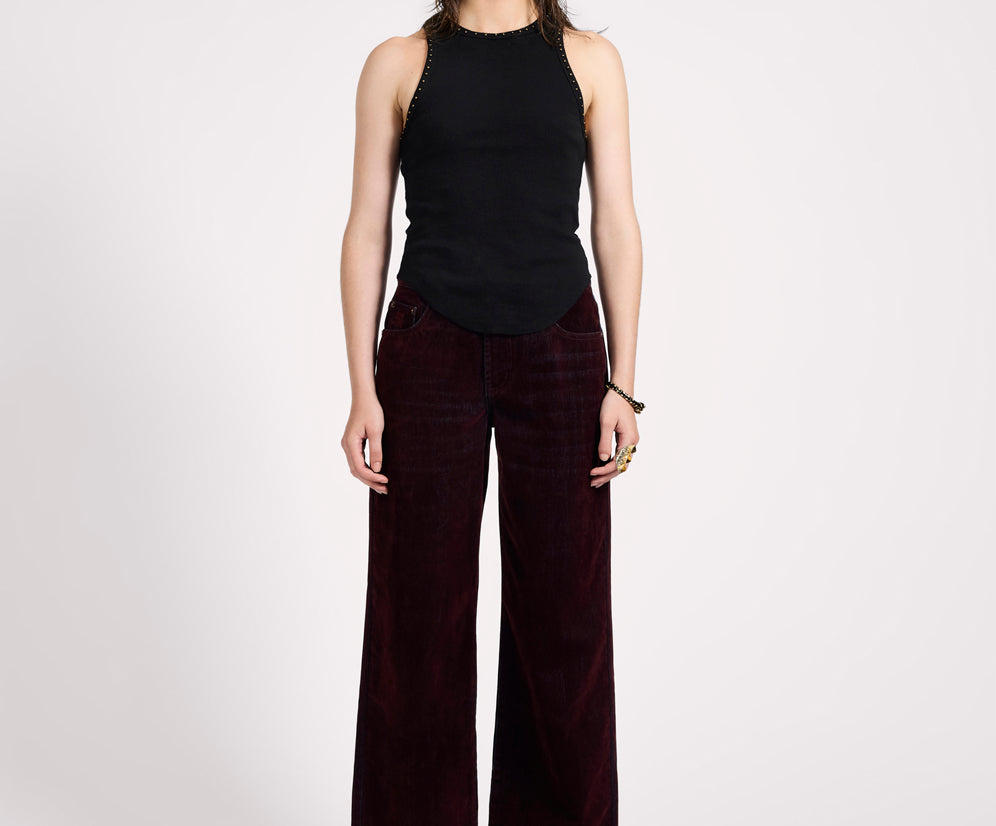 Jackson Mid Waist Wide Leg Velvet Finish Denim Jeans - Flocked Maroon