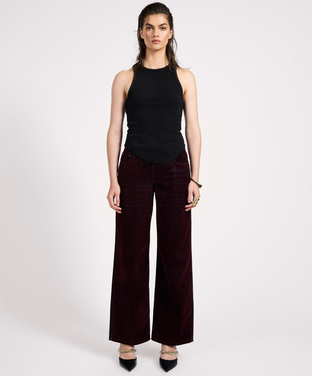 Women's Denim Jeans Jackson Mid Waist Wide Leg Velvet Finish Denim Jeans - Flocked Maroon