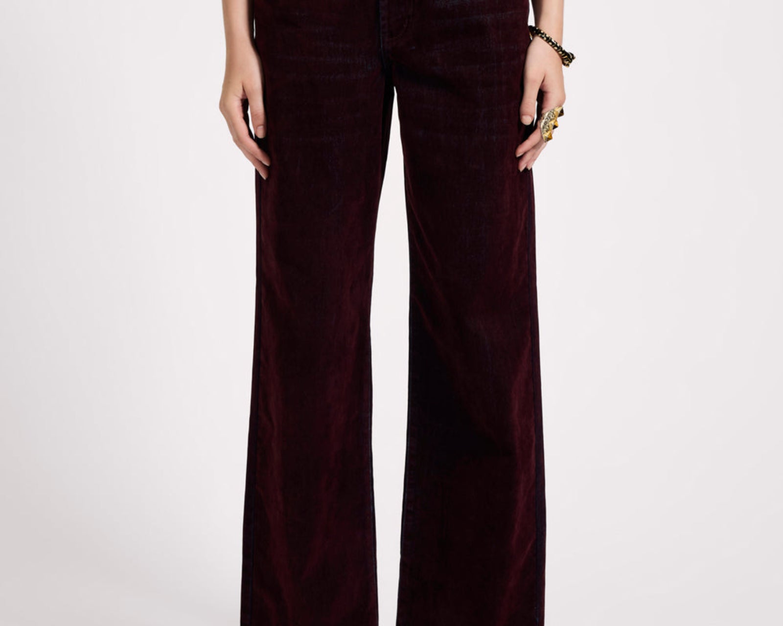 Jackson Mid Waist Wide Leg Velvet Finish Denim Jeans - Flocked Maroon