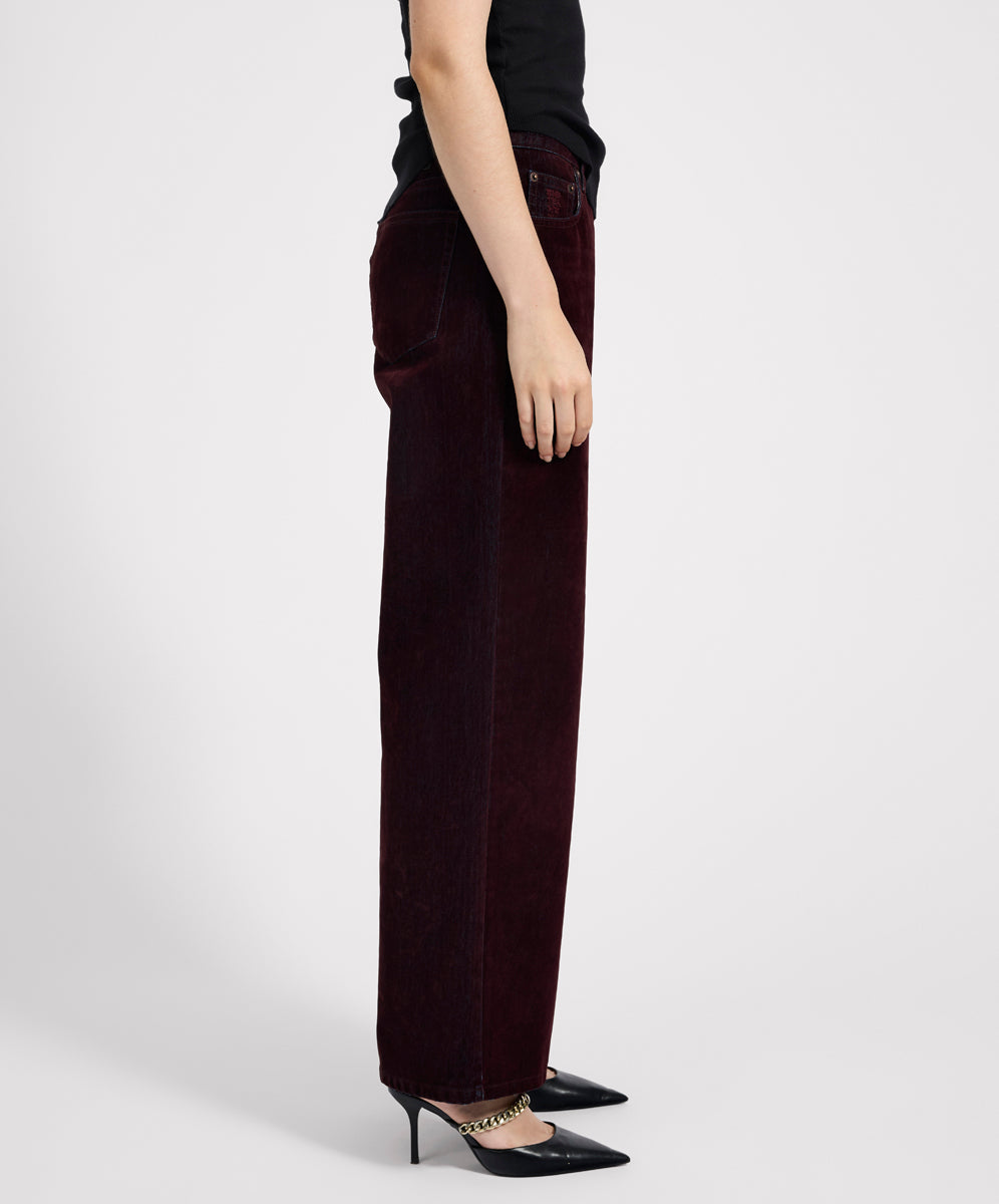 Women's Denim Jeans Jackson Mid Waist Wide Leg Velvet Finish Denim Jeans - Flocked Maroon