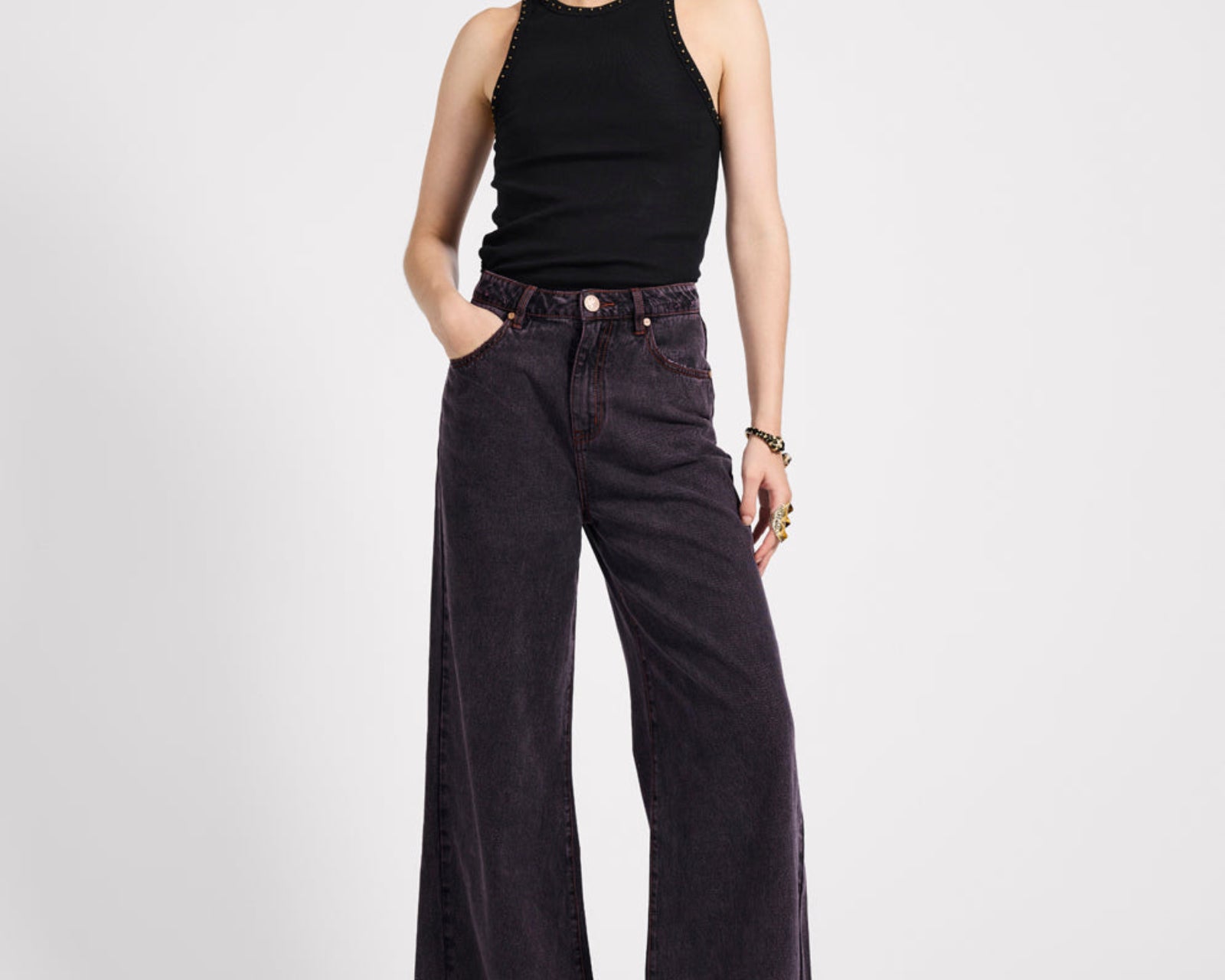 Love Machines Mid Waist Super Wide Leg Denim Jeans - Black Pink