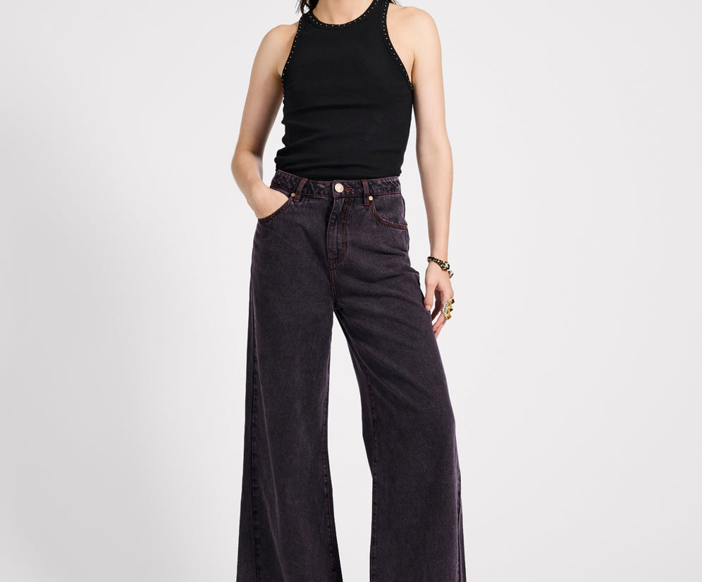 Love Machines Mid Waist Super Wide Leg Denim Jeans - Black Pink