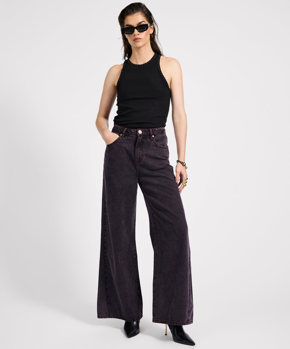 Women's Denim Jeans Love Machines Mid Waist Super Wide Leg Denim Jeans - Black Pink
