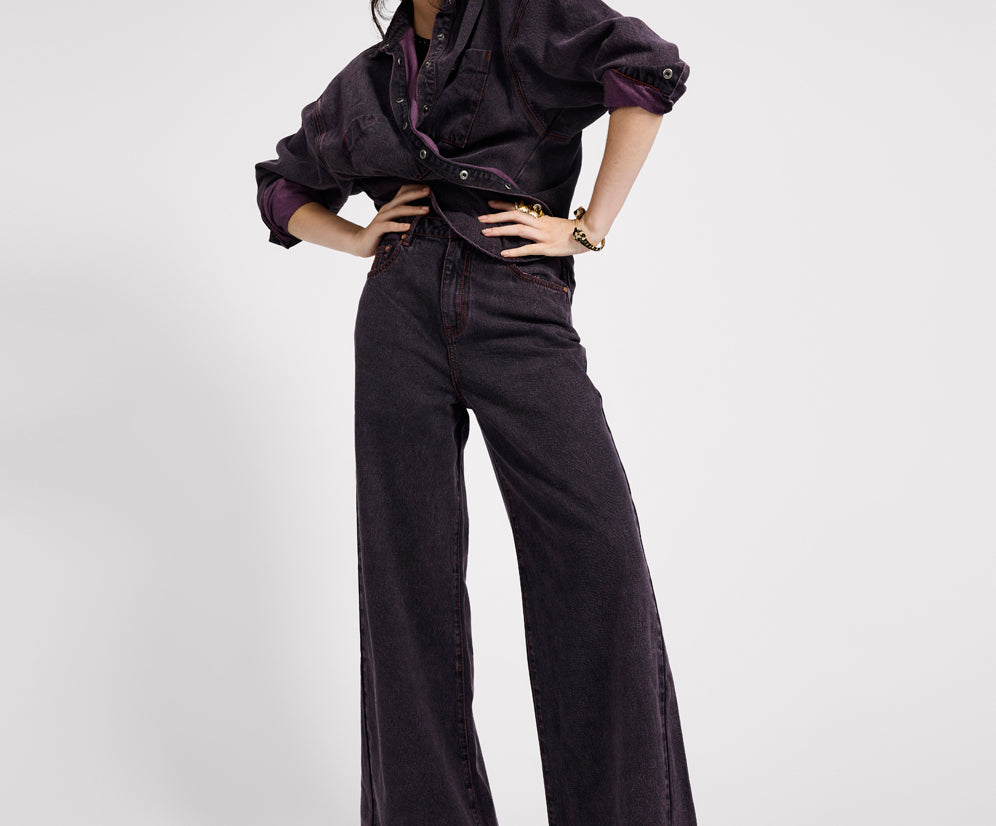 Love Machines Mid Waist Super Wide Leg Denim Jeans - Black Pink