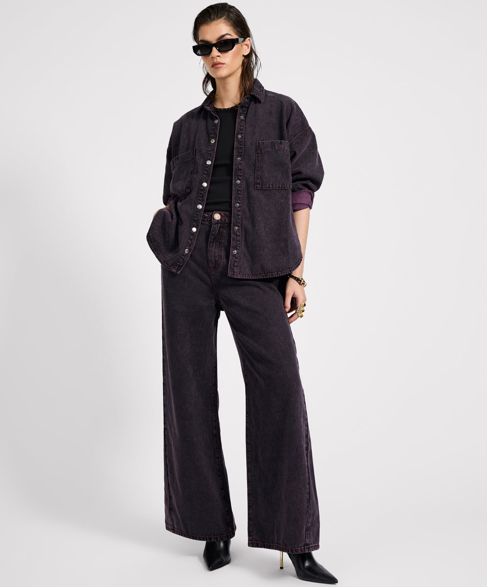 Love Machines Mid Waist Super Wide Leg Denim Jeans - Black Pink