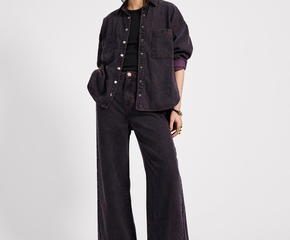 Love Machines Mid Waist Super Wide Leg Denim Jeans - Black Pink