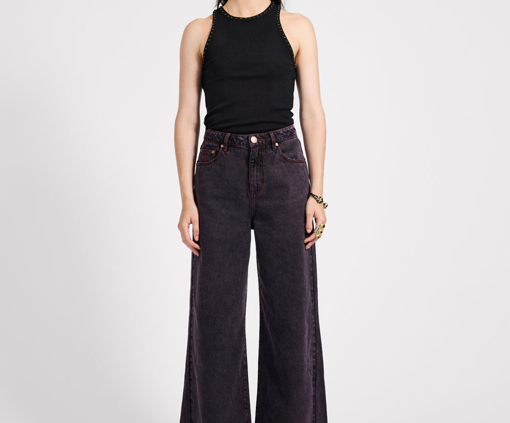 Love Machines Mid Waist Super Wide Leg Denim Jeans - Black Pink