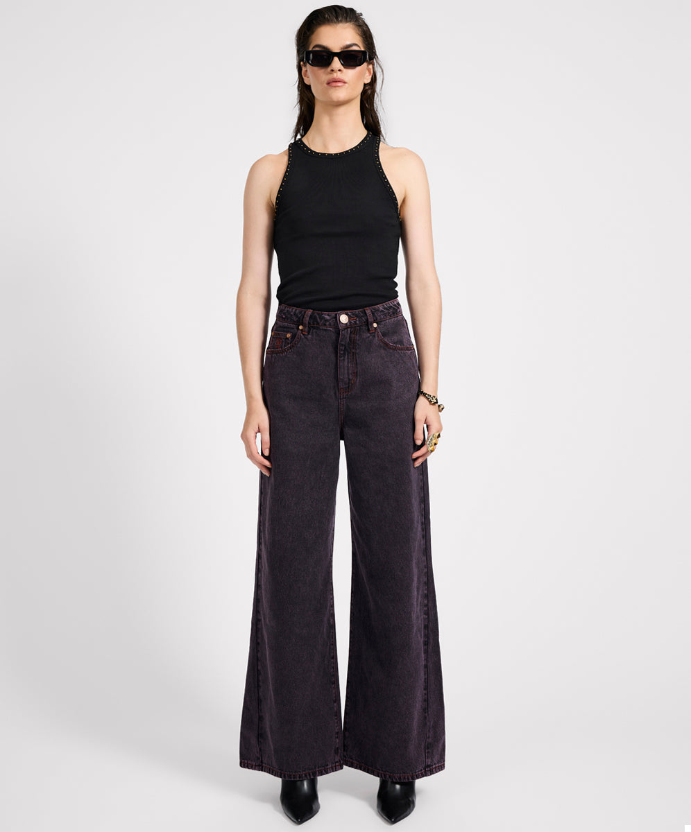 Women's Denim Jeans Love Machines Mid Waist Super Wide Leg Denim Jeans - Black Pink