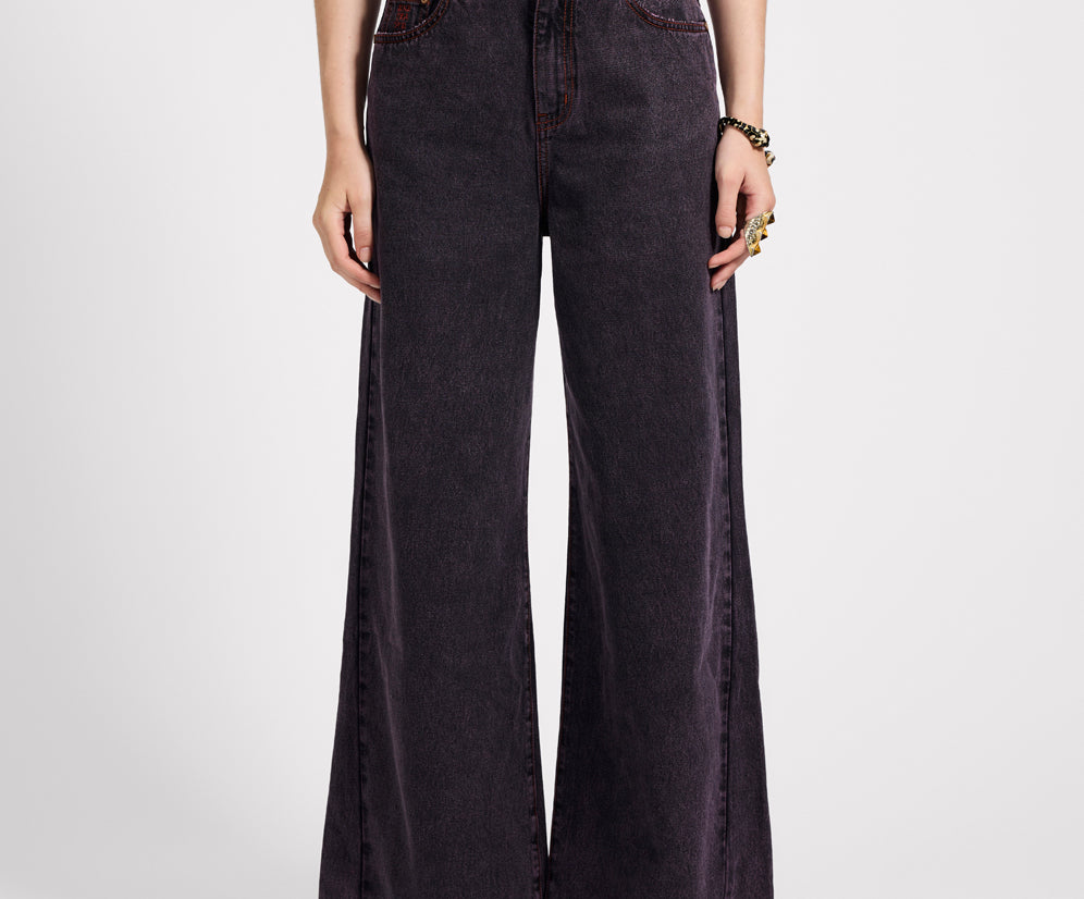 Love Machines Mid Waist Super Wide Leg Denim Jeans - Black Pink