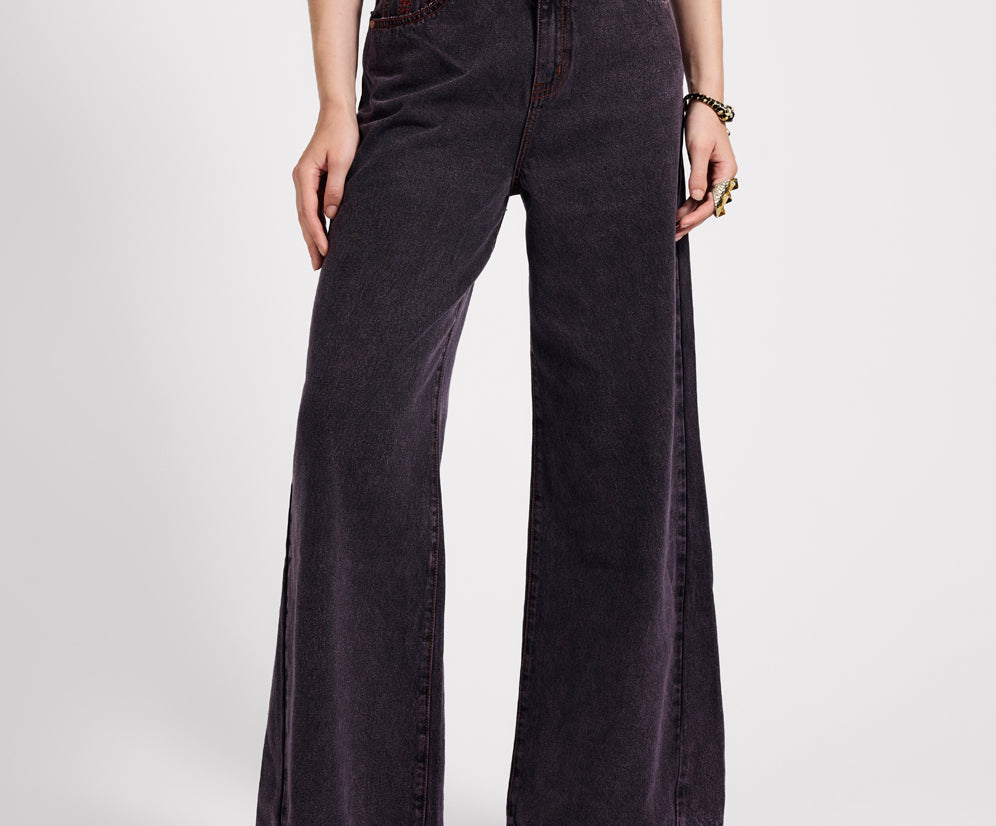 Love Machines Mid Waist Super Wide Leg Denim Jeans - Black Pink