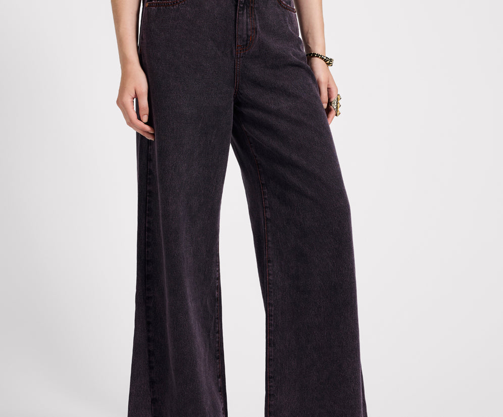 Love Machines Mid Waist Super Wide Leg Denim Jeans - Black Pink