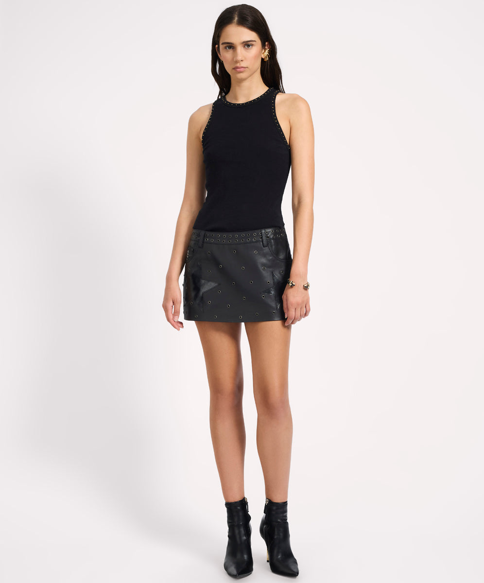 【THE CENTAUR】ROSE LEATHER MINI SKIRT Metallic Pink High Waisted Faux Leather Mini Skirt – Cindy
