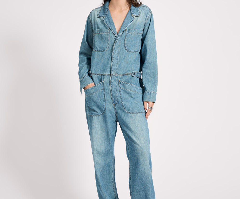 Safari Oversized Boiler Denim Jumpsuit - Used Blue