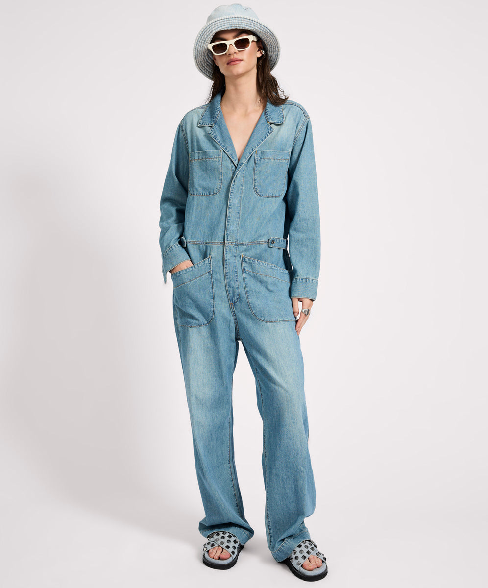  Safari Oversized Boiler Denim Jumpsuit - Used Blue