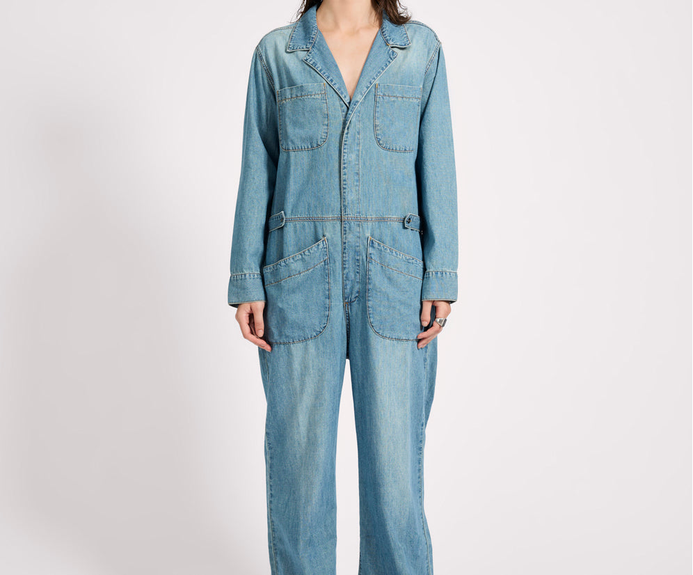 Safari Oversized Boiler Denim Jumpsuit - Used Blue