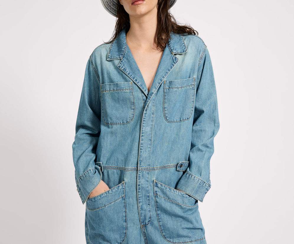 Safari Oversized Boiler Denim Jumpsuit - Used Blue