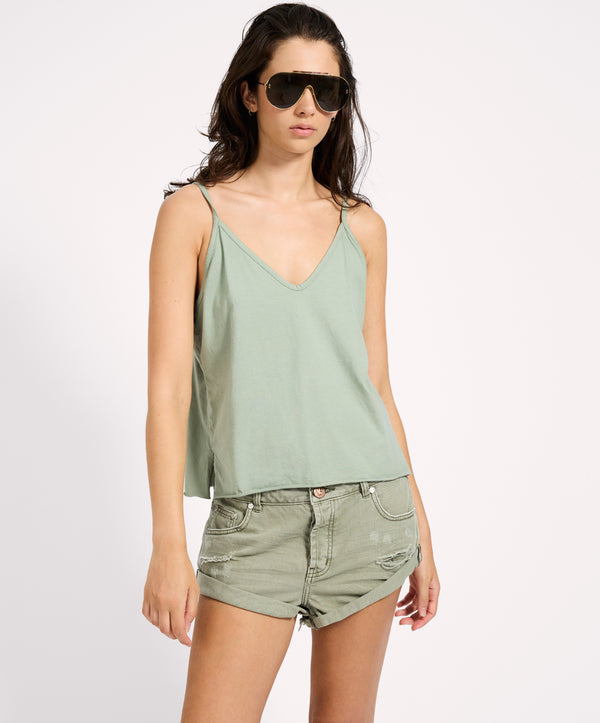 Deep V Front Cotton Singlet - Khaki