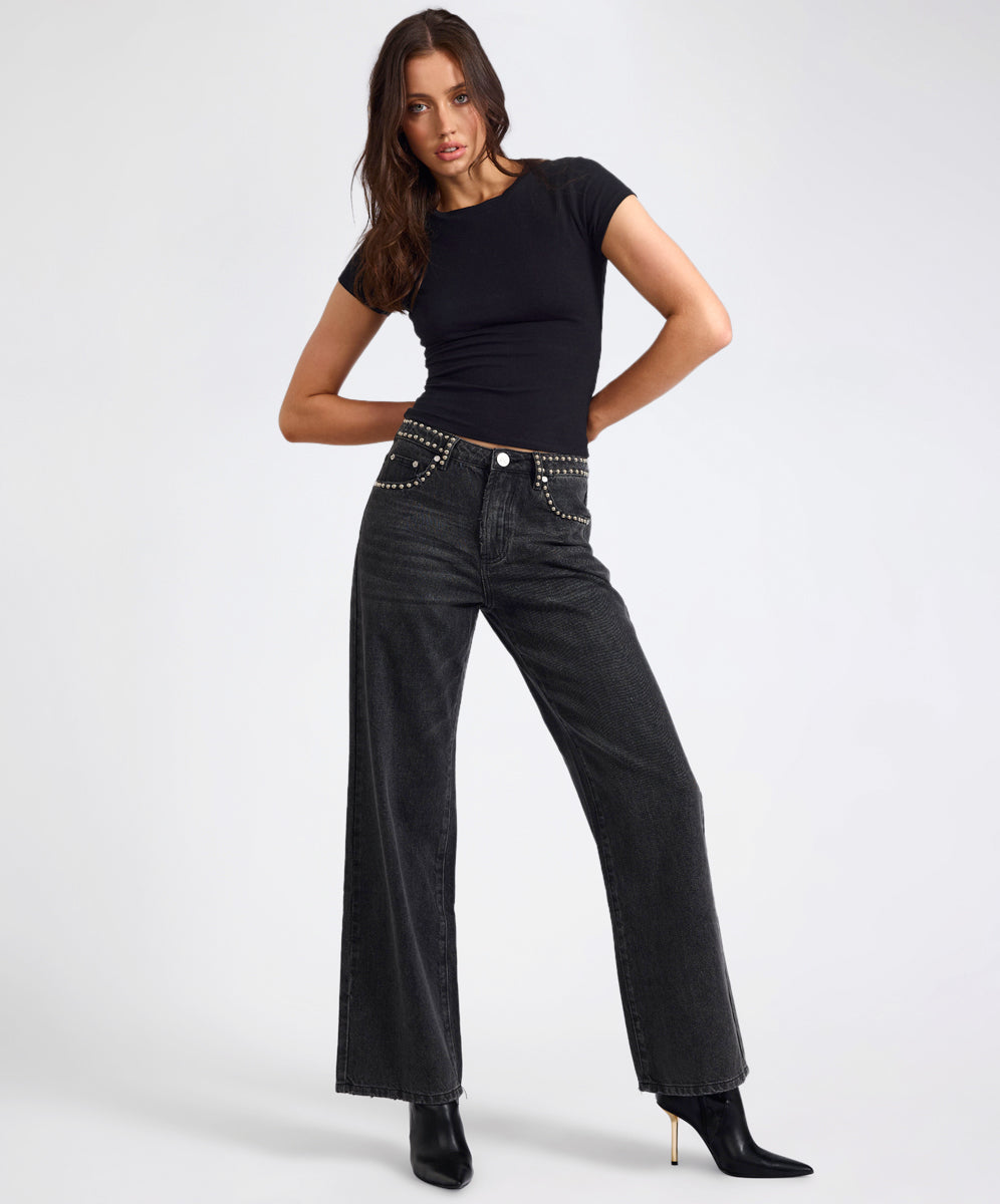 Last Stock Jackson Mid Waist Wide Leg Studded Denim Jeans - Black