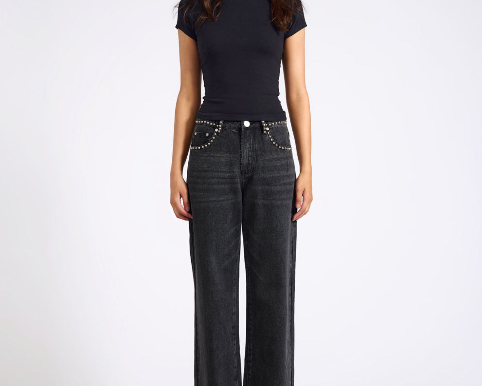 Jackson Mid Waist Wide Leg Studded Denim Jeans - Black