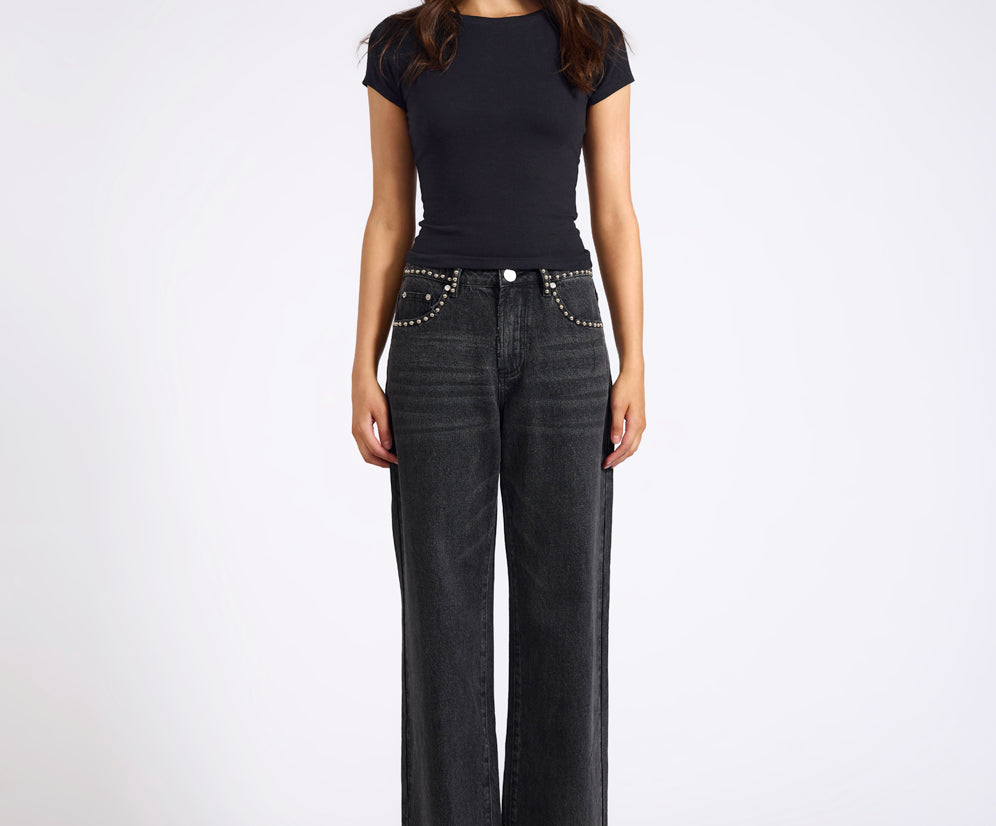 Jackson Mid Waist Wide Leg Studded Denim Jeans - Black